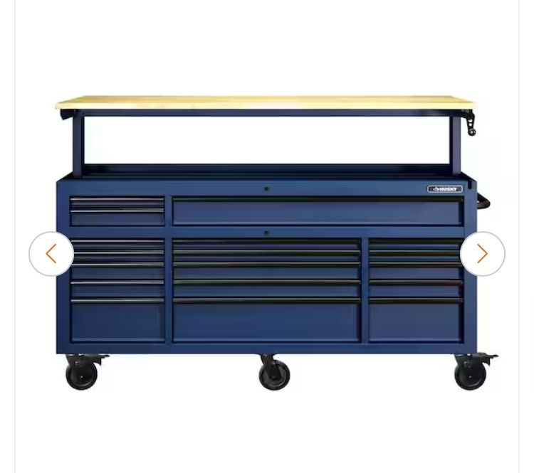 Husky Tool Storage 72 in. W Heavy Duty Matte Blue Mobile Workbench Cabinet Adjustable Height Solid Wood Top- NEW IN BOX