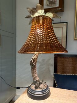 60” Tall Tropical Monkey & Palm Tree Table Lamp with Woven Rattan Shade