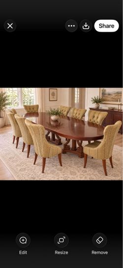 Bernhardt Dining Table + 8 Upholstered Chairs + 2 Extension Leaves