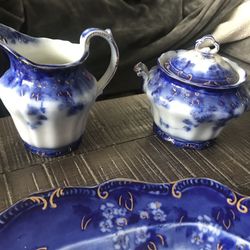 Old Blue Lugand Semi Porcellian Antique China Set