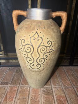 18” decorative terracotta amphora-style vase features distinctive rope-wrapped twin handles