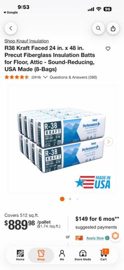 Knauf Insulation R38 Kraft Faced 24 in. x 48 in. Precut Fiberglass Insulation Batts for Floor, Attic - Sound-Reducing, USA Made (8-Bags)