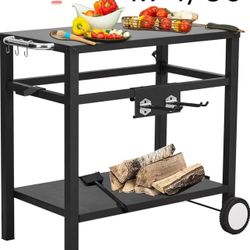 Dining Cart,Outdoor Grill Cart with Double-Shelf,with 4 Hooks, Side Handle,Wheels,Cooking Table for Outdoors, Kitchen or Backyard Patio, Movable BBQ T
