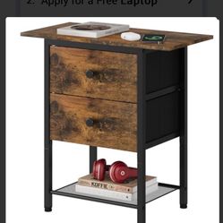 End Table, Slim Side Table with 2 Drawers and 2-Tier Storage Shelf, Rustic Brown Wooden