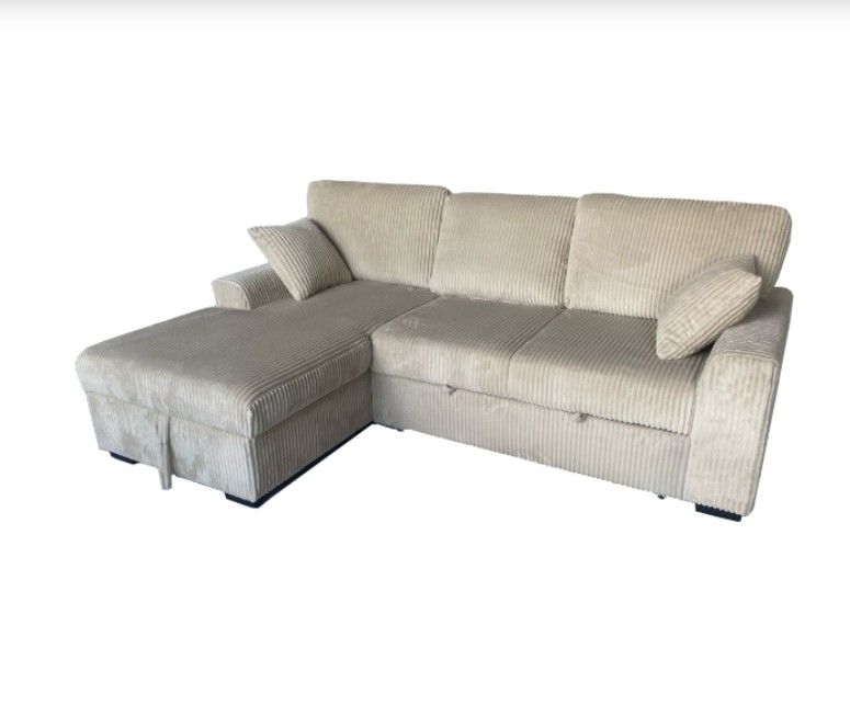 Taupe Fabric LHF Pull Out Sectional Sofa & Storage 