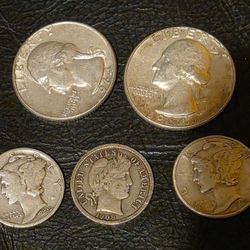 2 Washington Quarters, 1 Barber Dime, 2 Mercury Dimes