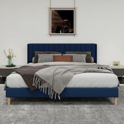 King size Upholstered Platform Bed With Headboard velvet blue  Pet free and smoke free