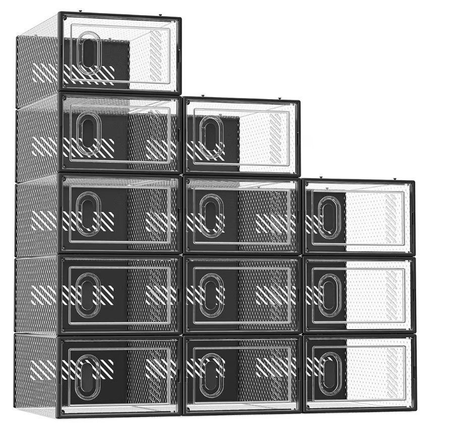 Shoe Storage, 12 Pack Shoe Organizer for Closet, Shoe Boxes Clear Plastic Stackable Shoe Containers with Lids for Size 10, Black