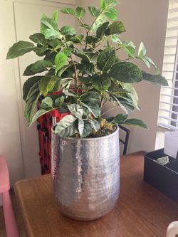 Artificial plant with a large silver planter/Vase home office decor