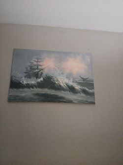 Canvass Dramatic Seascape Large Masted Ship In Turbulent Waters