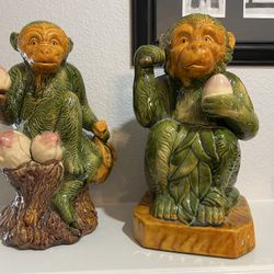 Vintage Majolica-style Ceramic Monkey Statues - 11” Tall