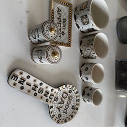 Anthropologie Bistro Tile Set Including Measuring Cups, Salt and Pepper Shakers and Spoon Rest
