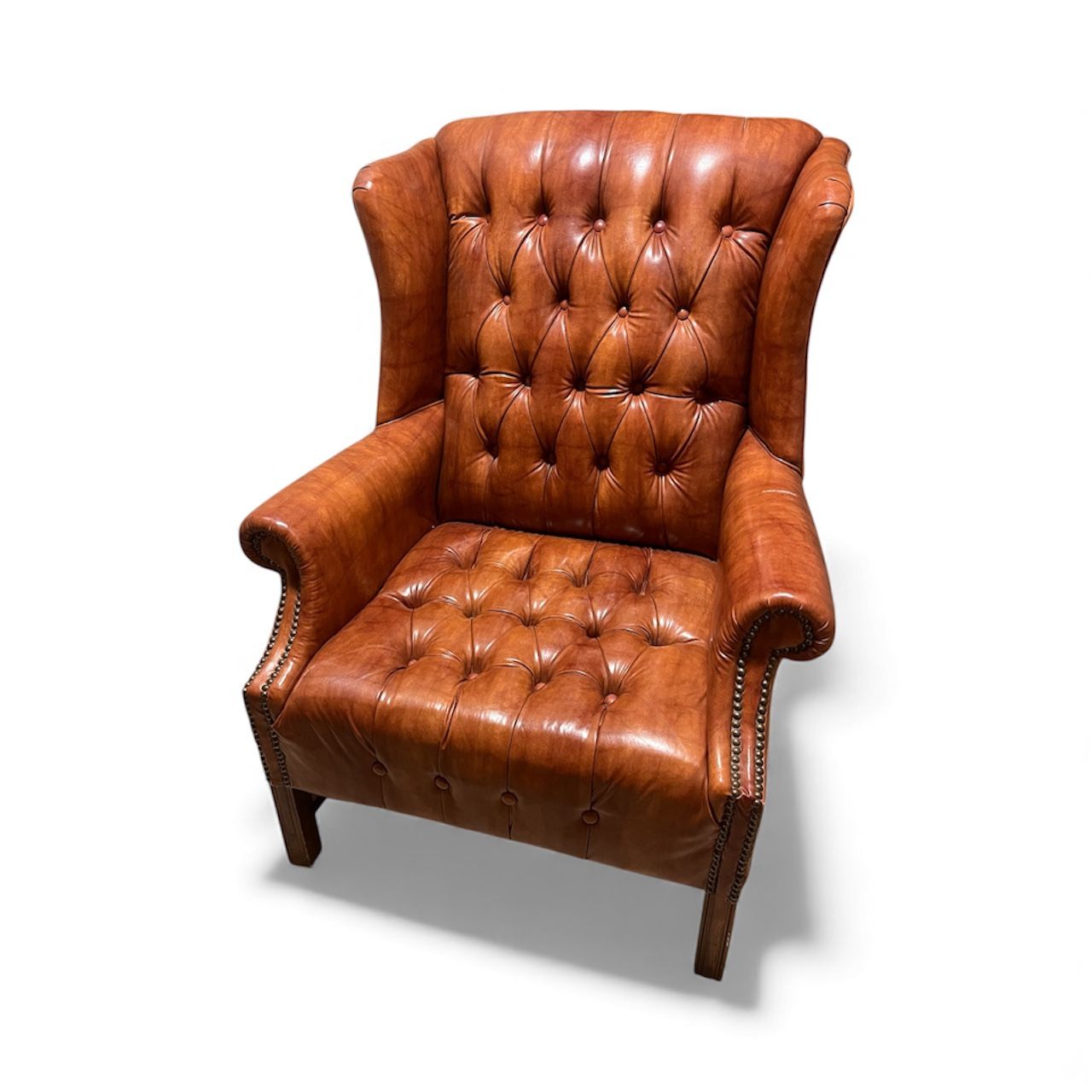 Vintage Chesterfield Style Tufted Tan Faux Leather Wingback Chair