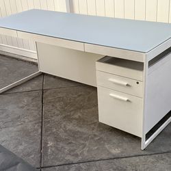 BDI MODERN METAL/GLASS DESK & FILING CABINET WHITE