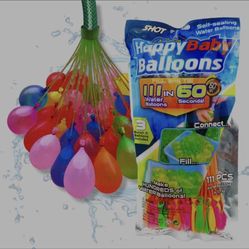New Happy Part Balloons water balloon packs. Each bag contains 111 self-sealing balloons across 3 bunches. These connect directly to a hose for quick 