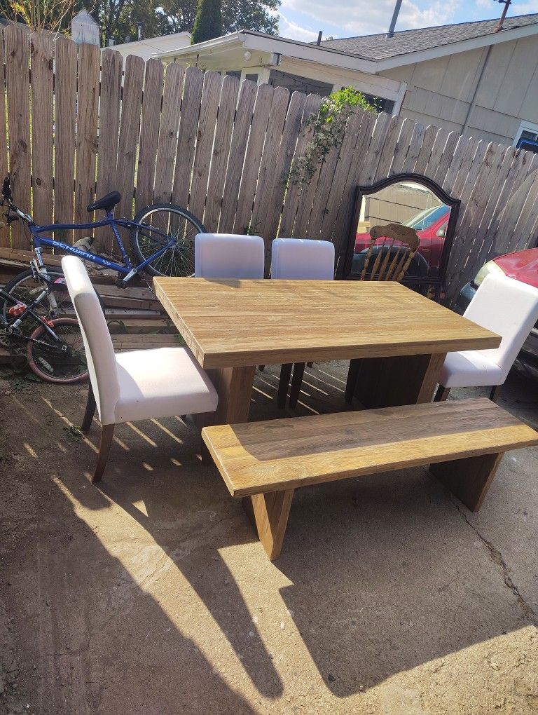 World Market Rustic Oak Look Adjustable Dinet Set Seats 6 To 8 4 White Cushion Fabric Chairs And A Bench seat Dinet Set