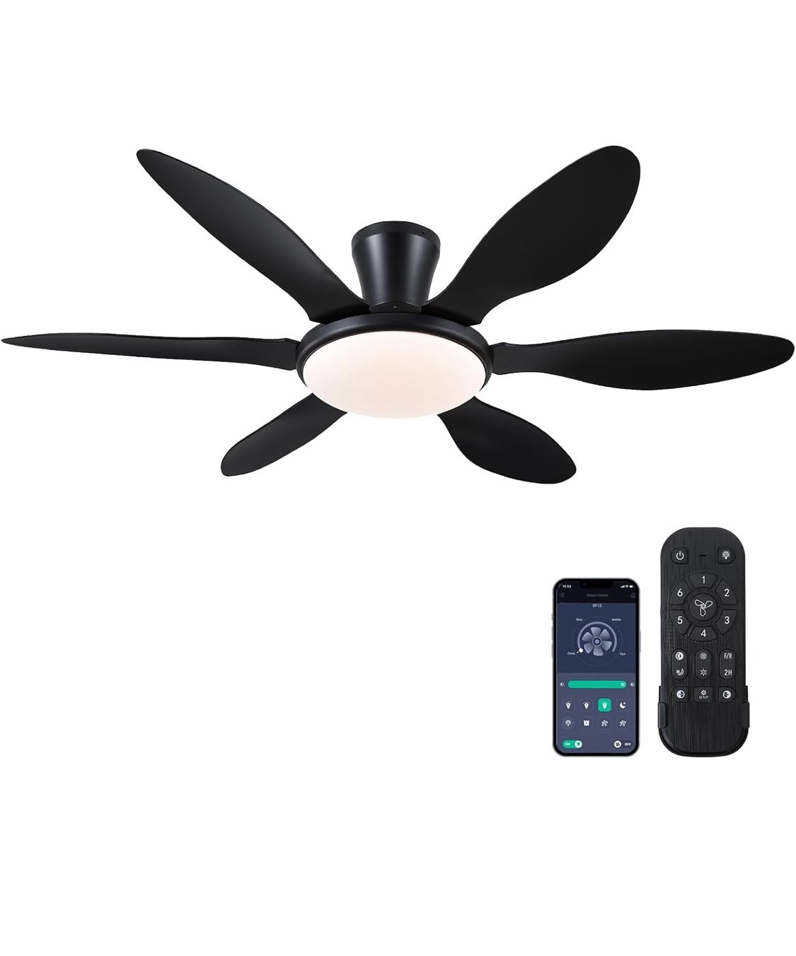 Ceiling Fans with Lights, 51 inch Modern Black Low Profile Ceiling Fan with Light and Remote App Control, Flush Mount, Quiet DC Reversible, Dim Led Ce