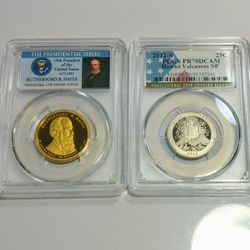 SET OF (2) CERTIFIED GRADE 70 COINS - $1 PRESIDENTIAL DOLLAR AND QUARTER DOLLAR VERY NICE TO COLLECT
