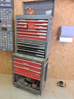 Large Roll away tool box, drill press, radial arm saw and a joiner with stand