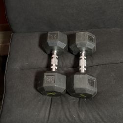 Two 25 Pound Hex Dumbbells