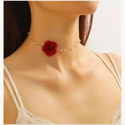 Flower Choker Necklaces for Women Rose Necklace for Women with Pearl Dainty Red Rose Choker Necklace Flower Jewelry Party Prom