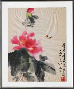 Blooming flowers vintage Chinese traditional colored inc painting original art