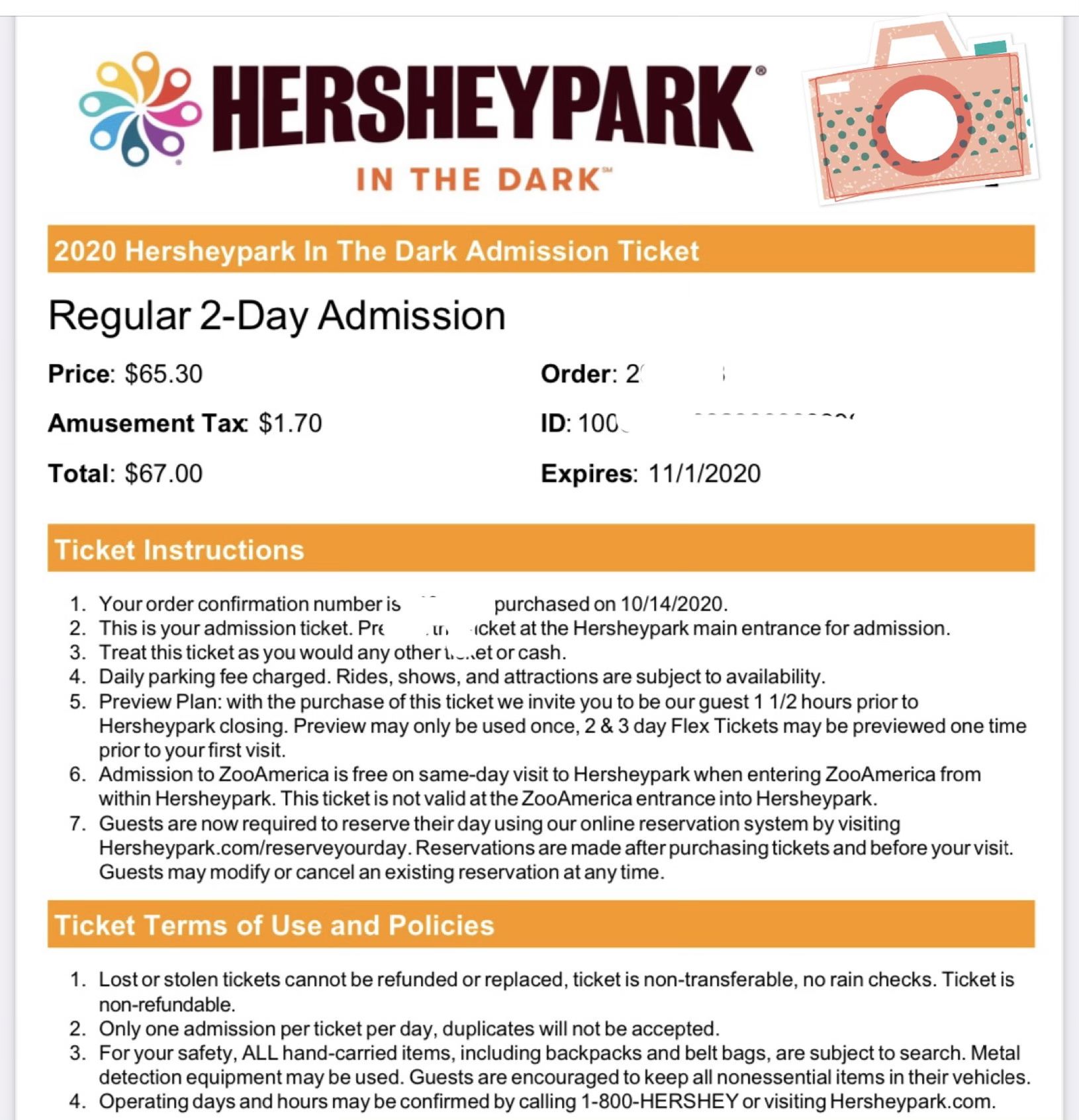 Hershey park 2 day tickets pass for sale