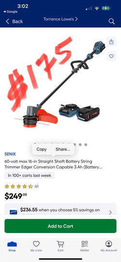 SENIX 60-volt max 16-in Straight Shaft Battery String Trimmer Edger Conversion Capable 3 Ah (Battery..