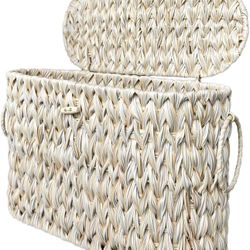 New Toilet Paper Basket,Wicker Toilet Paper Storage with Lid,Decorative Boho Wicker Basket for Bathroom,Free Standing-Cream White