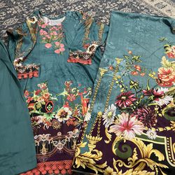 New 3 Piece Winter Pakistani Women Dress Linen Coral