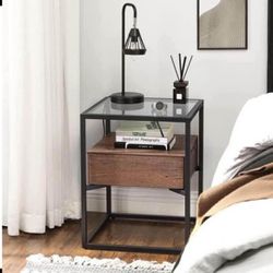    Tempered Glass Side Table with Drawer and Storage Shelves for Living Room, Bedroom, Hazelnut Brown and Black ULET004G01 