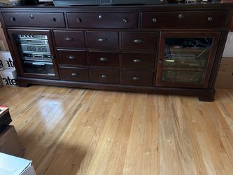 Dark Wood TV Console with Drawers and Glass Cabinets