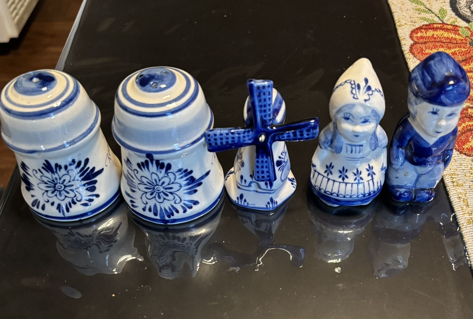 Blue & White Windmill/Floral Salt & Pepper