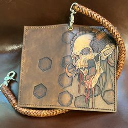 New Demon With Horns Carved And Tooled Leather Bifold Wallet 