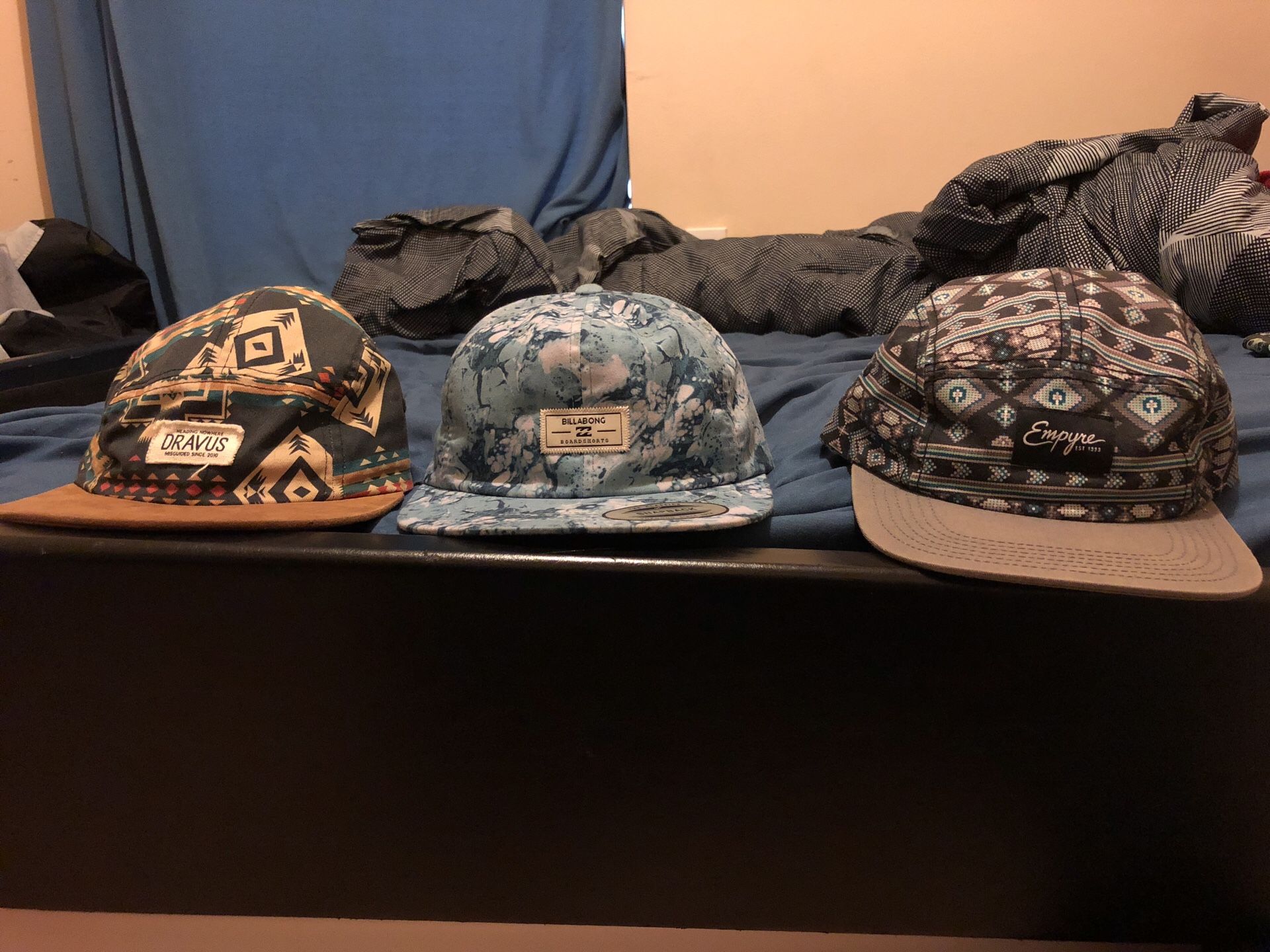 Billabong, Empyre, Dravus skate hats.
