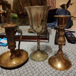 Vintage 100% Brass Candlestick Holders & Brass Wine Glass/Cup