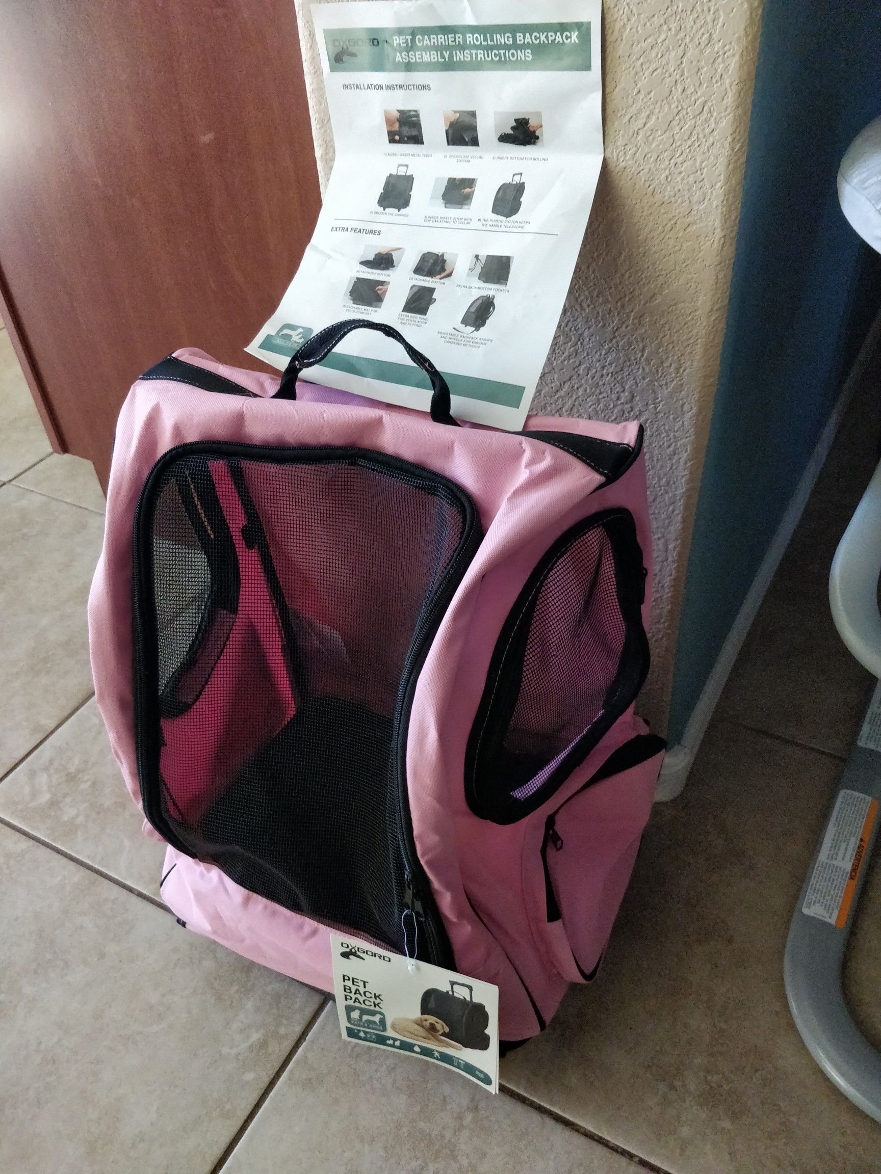 OxGord Mesh Rolling Backpack Pet Carrier in Pink