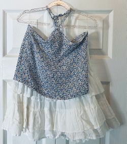 Blue and White Halter set - Halter Crop Top with Ruffle Hem
