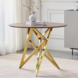 37Inch Round Dining Table, Small Round Kitchen Table With Golden Metal Legs, Suitable For 2 To 4 People, Modern Dining Room Table, Brown, Walnut Color