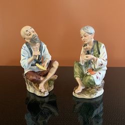 Vintage Homco #1431 Porcelain Figurines Depicting Elderly Asian Couple Artisans