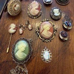 Vintage cameo collection of pendants, earrings, locket, pin