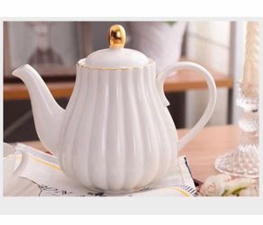 Porcelain Teapot, 31oz Coffee Pot Ceramic Teapot- Stripe Design (White) no other accessories included