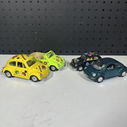 Lot of 4 VW Beetle Diecast Toy Cars Yellow Ladybug Green Flower Black Dice