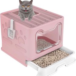  Cat Litter Box Foldable Portable Cat Litter Pan with Lid,Top Entry Litter Box Large Covered Cat Litter Box for Travel with Cat Litter Scoop
