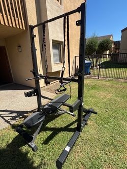 ETHOS Adjustable squat rack with weights bench, straps, pull up bar, safety and j hooks RACK CAN ADJUST UP TO 8.1 ft