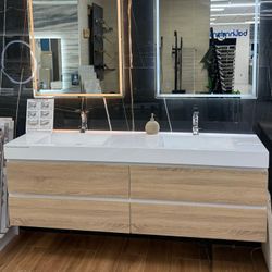 72" Double Sink Floating Natural Wood Color Bathroom Vanity  