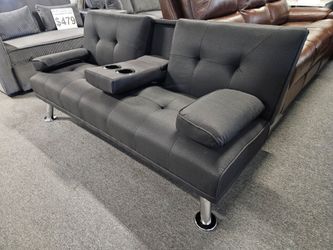 Black Faux Leather Convertible Sofa Bed with Cup Holders