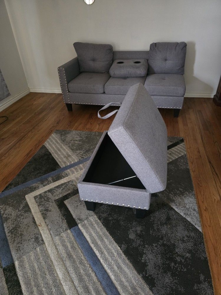 Grey 2 Piece L' Shape Sectional With CupHolders on Pillowss & 2 Throw Pillows Included