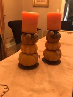 HALLOWEEN/THANKSGIVING SET OF 2 Pillar Frosted Beaded Pumpkin 7” Tall Candleholders