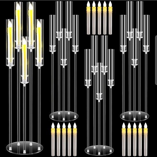 4 Sets 5 Arms Acrylic Candelabra Centerpieces 35'' Tall Clear Candlestick Holde